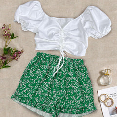 Casual Two Piece Set Drawstring Puff Sleeve Tops & Floral Print Elastic Shorts
