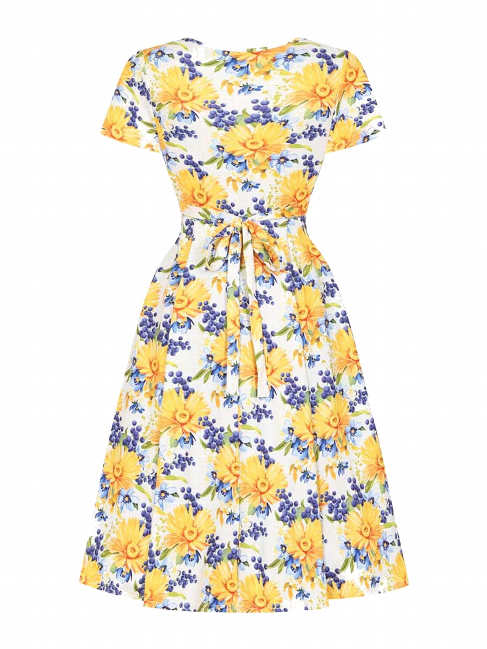 Women's Plus Floral Print Short Sleeve Surplice Neck Dress