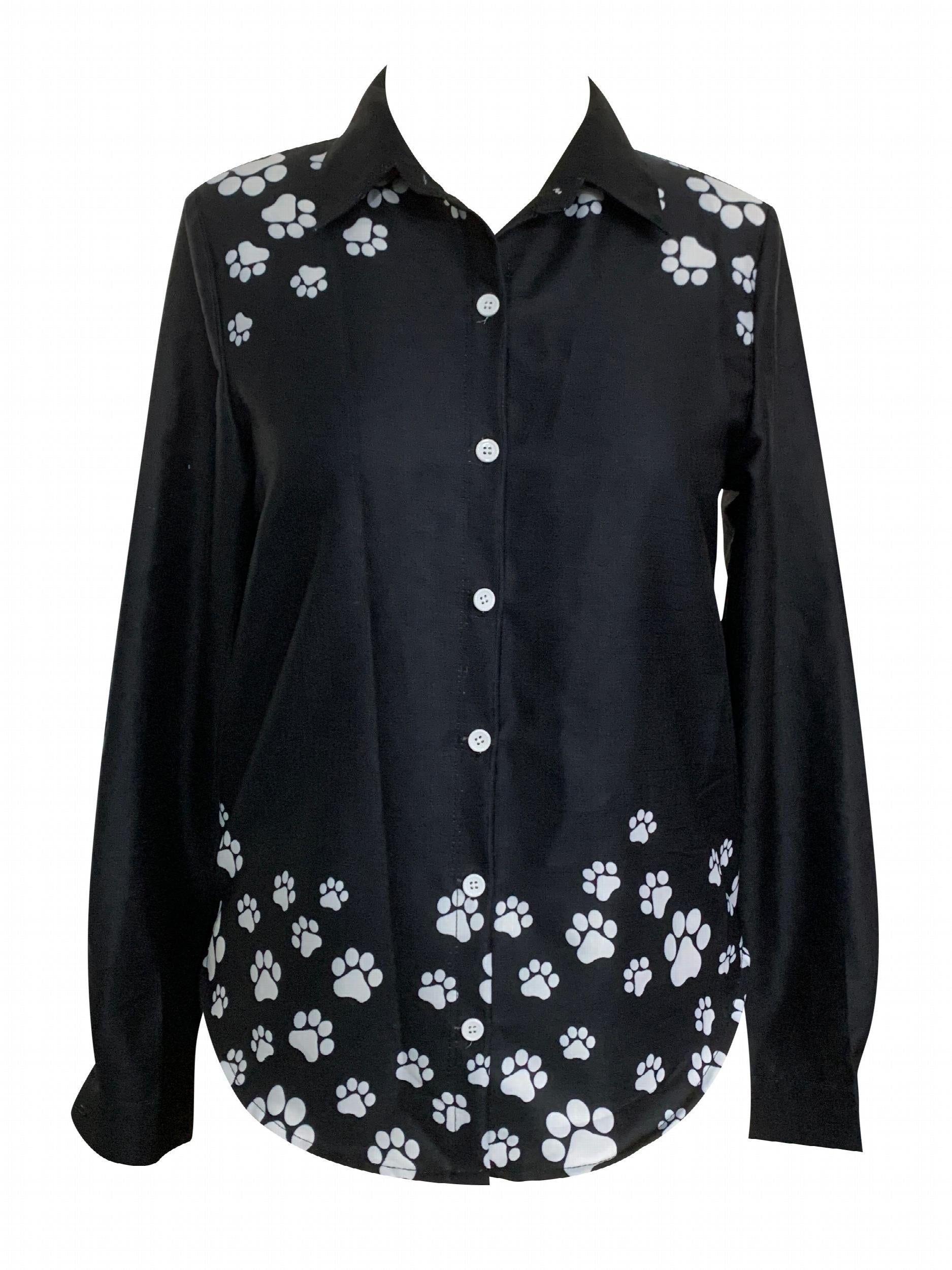 Women's Plus Paw Print Button Up Long Sleeve Blouse