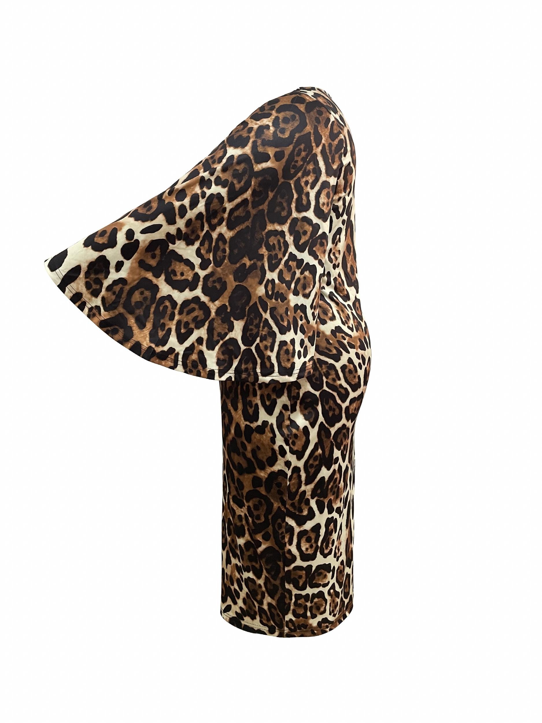  Leopard Print Bell Sleeve Round Neck Dress