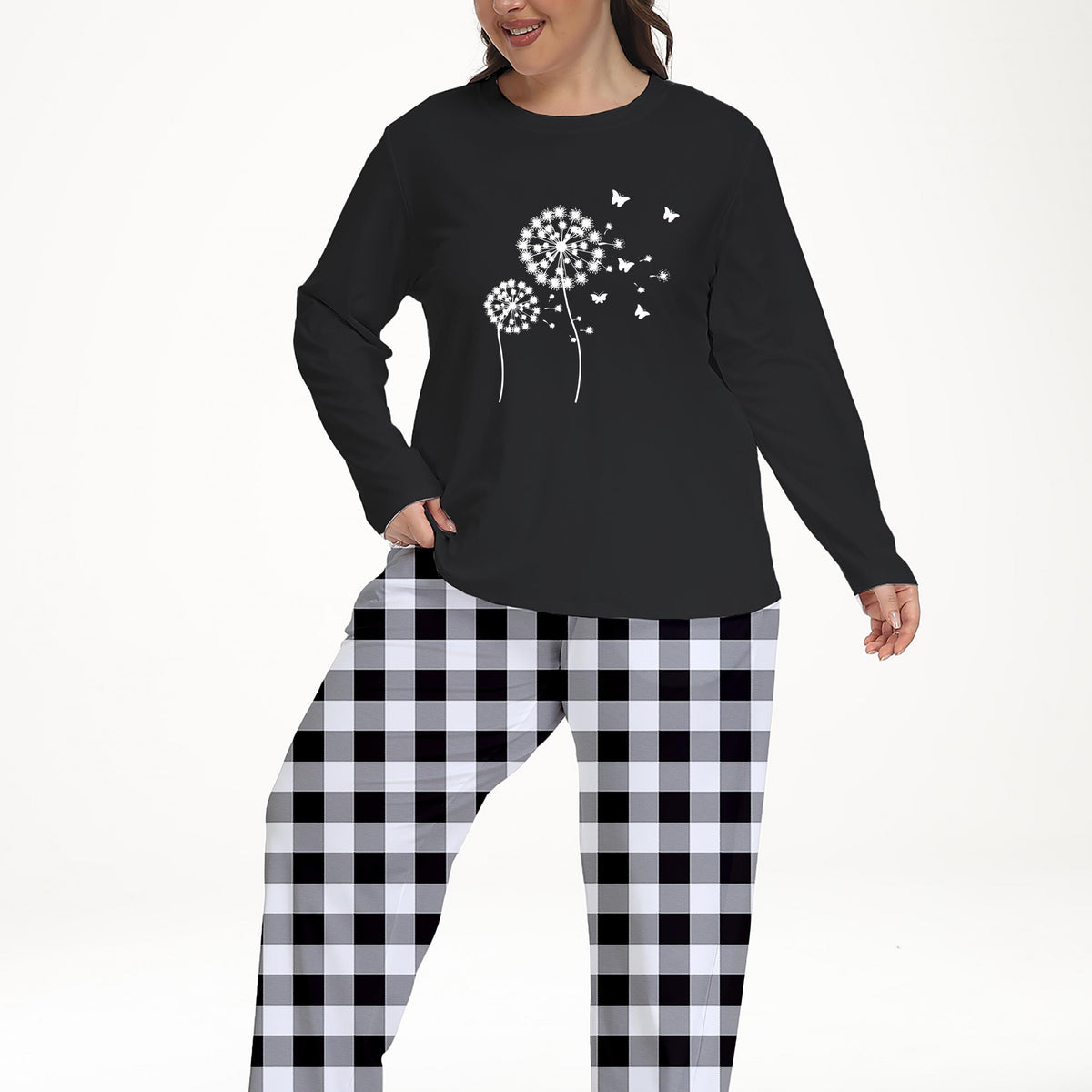  Colorblock Gingham & Dandelion Print Pajama Set
