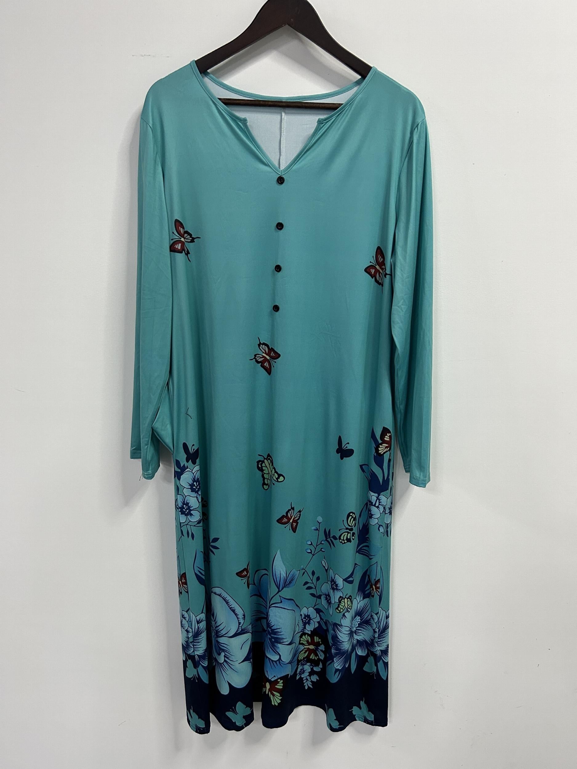Women's Plus Butterfly & Floral Print Button Notched Neck Dress