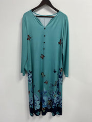 Women's Plus Butterfly & Floral Print Button Notched Neck Dress