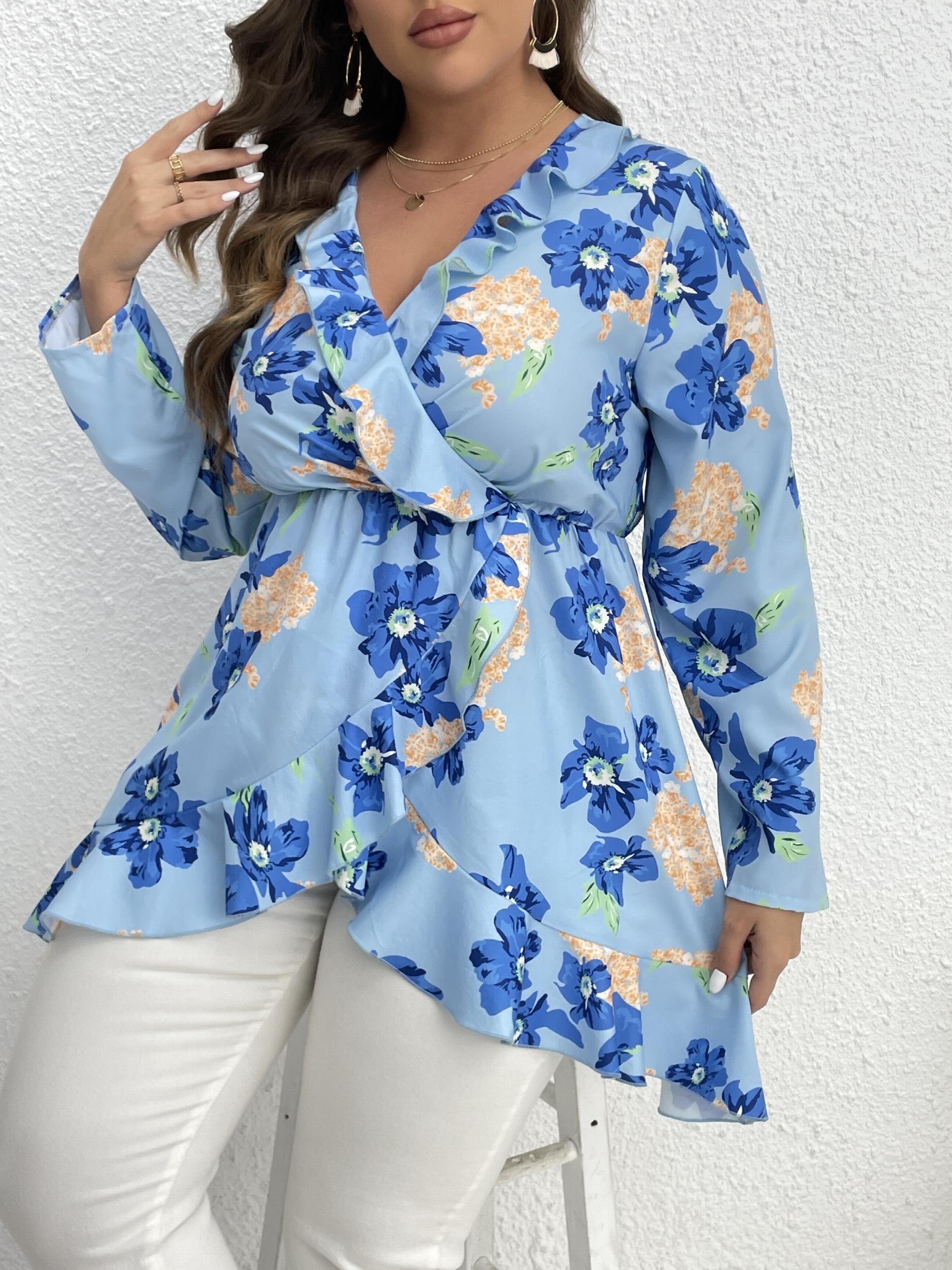  Floral Print Long Sleeve Ruffle Trim Surplice Neck Pleated Top