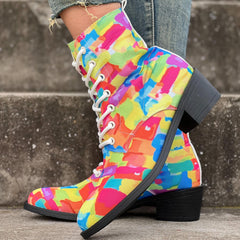 Women's Chunky Heel Lace-Up Canvas Ankle Boots