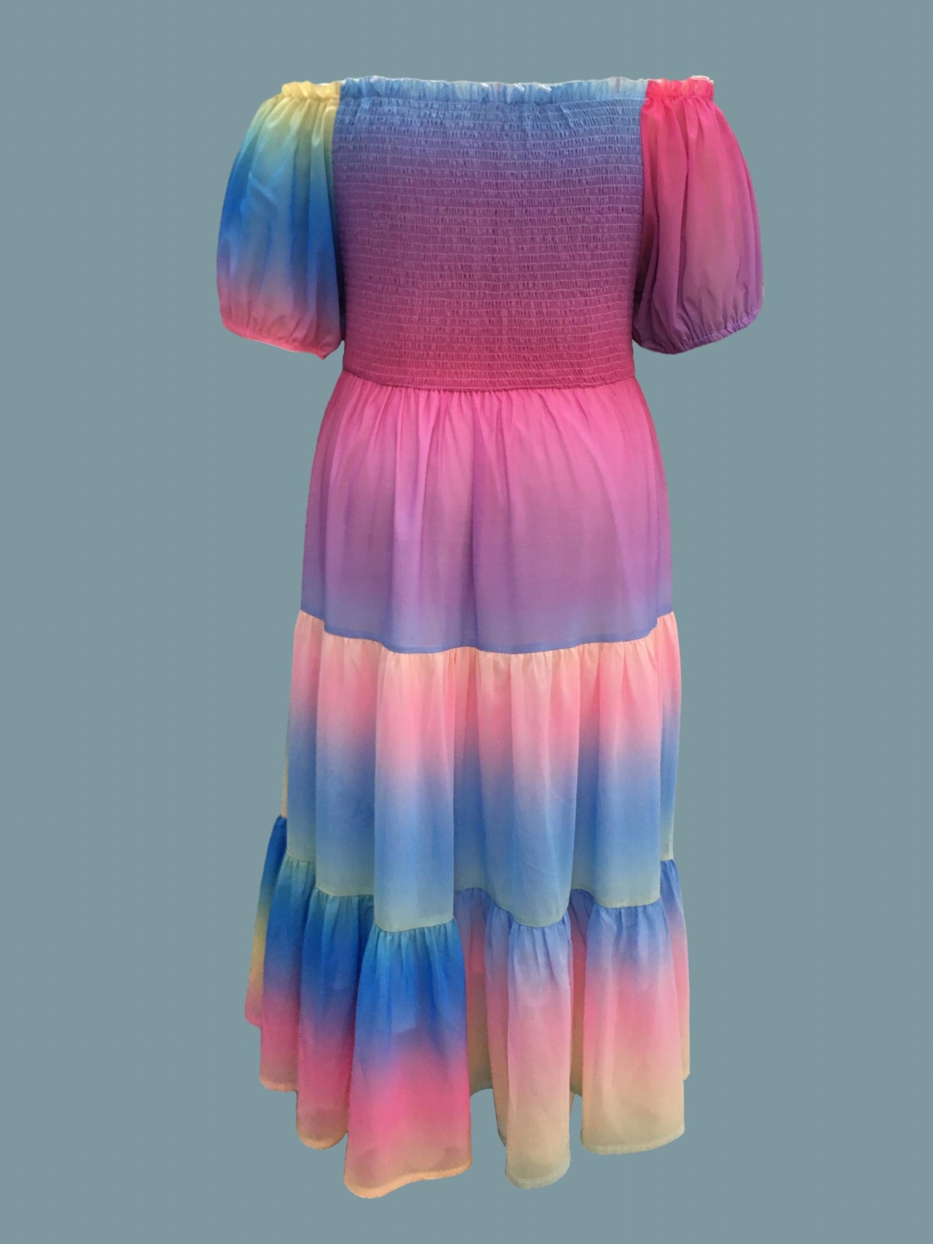  Colorblock Ombre Print Off Shoulder Maxi Dress