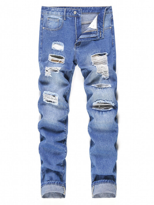 Slim Fit Ripped Jeans Mens Casual Street Style Distressed Denim Pants