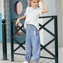 Kids Faux Denim Cotton Trousers Soft Washed Non-fading