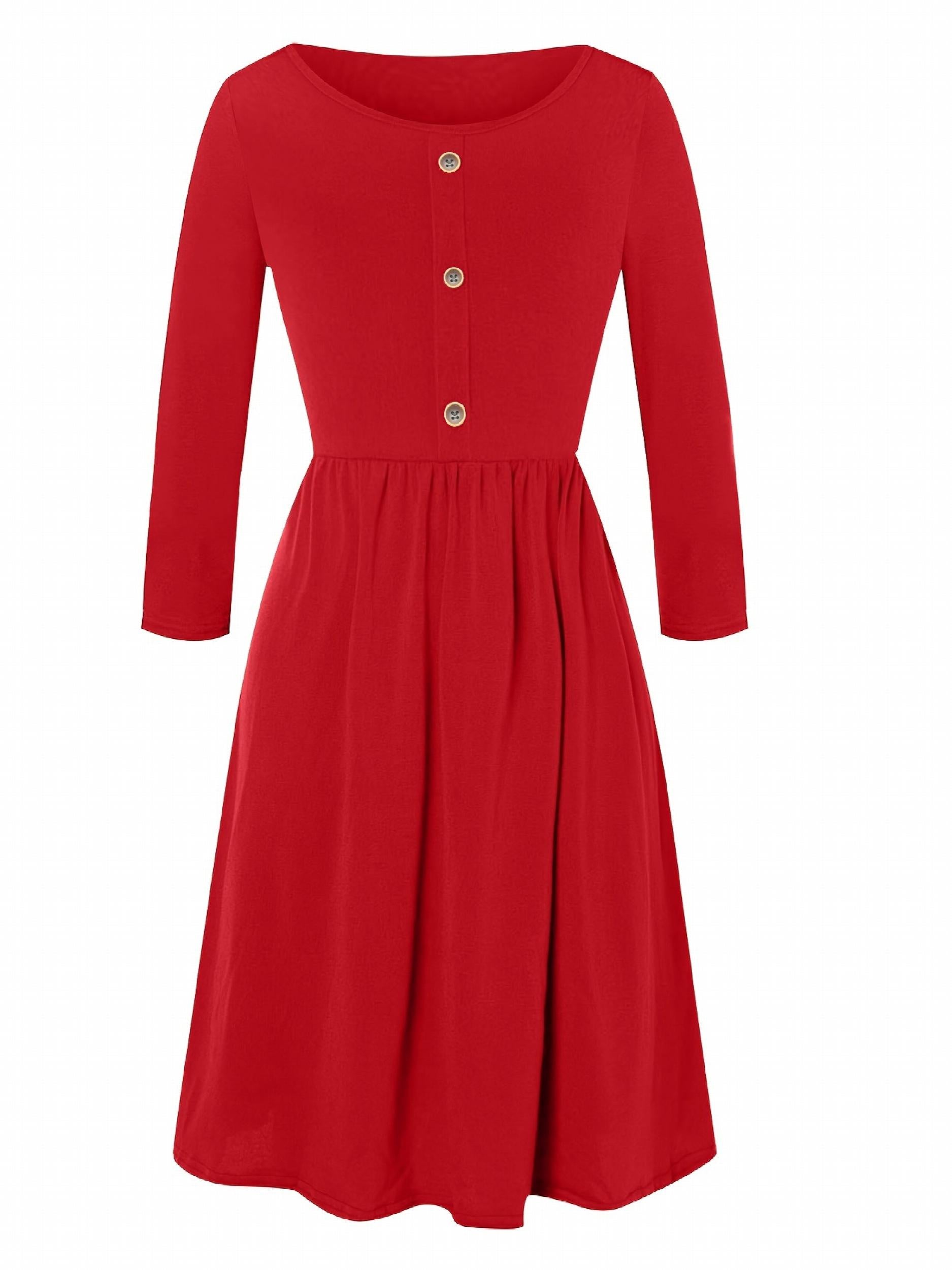 Button Decor Long Sleeve Dress Plus Size Medium Stretch Casual Dress