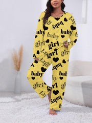  Heart & Letter Print Pajamas Set Long Sleeve Tee & Pants Lounge 2 Piec