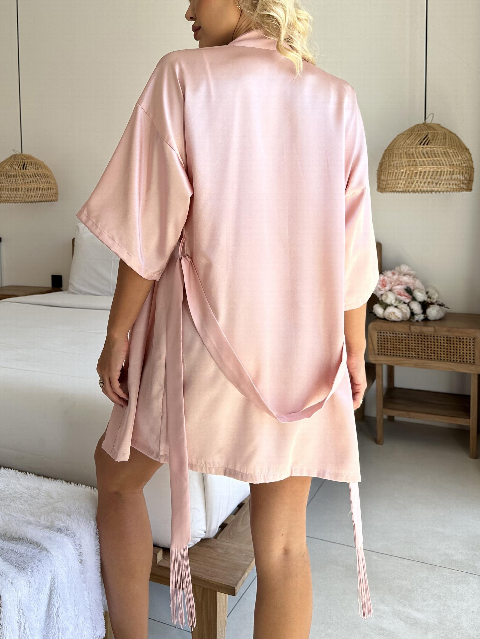 Solid Satin Night Robe 3 4 Sleeve V Neck Robe With Belt Women's Sleepwear