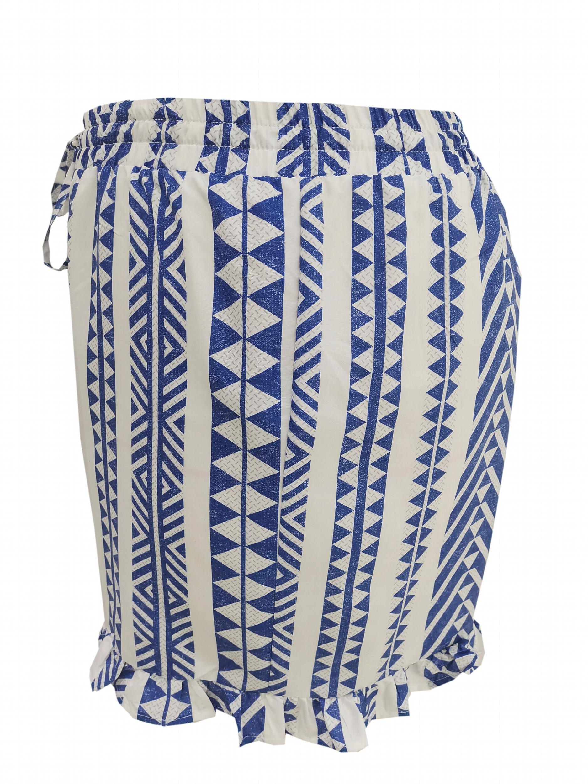  Geometric Print Ruffle Trim Wide Leg Drawstring Shorts