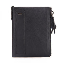 Men's Leather Wallet Double Zipper Coin Purse Short Oil Wax Leather Wallet