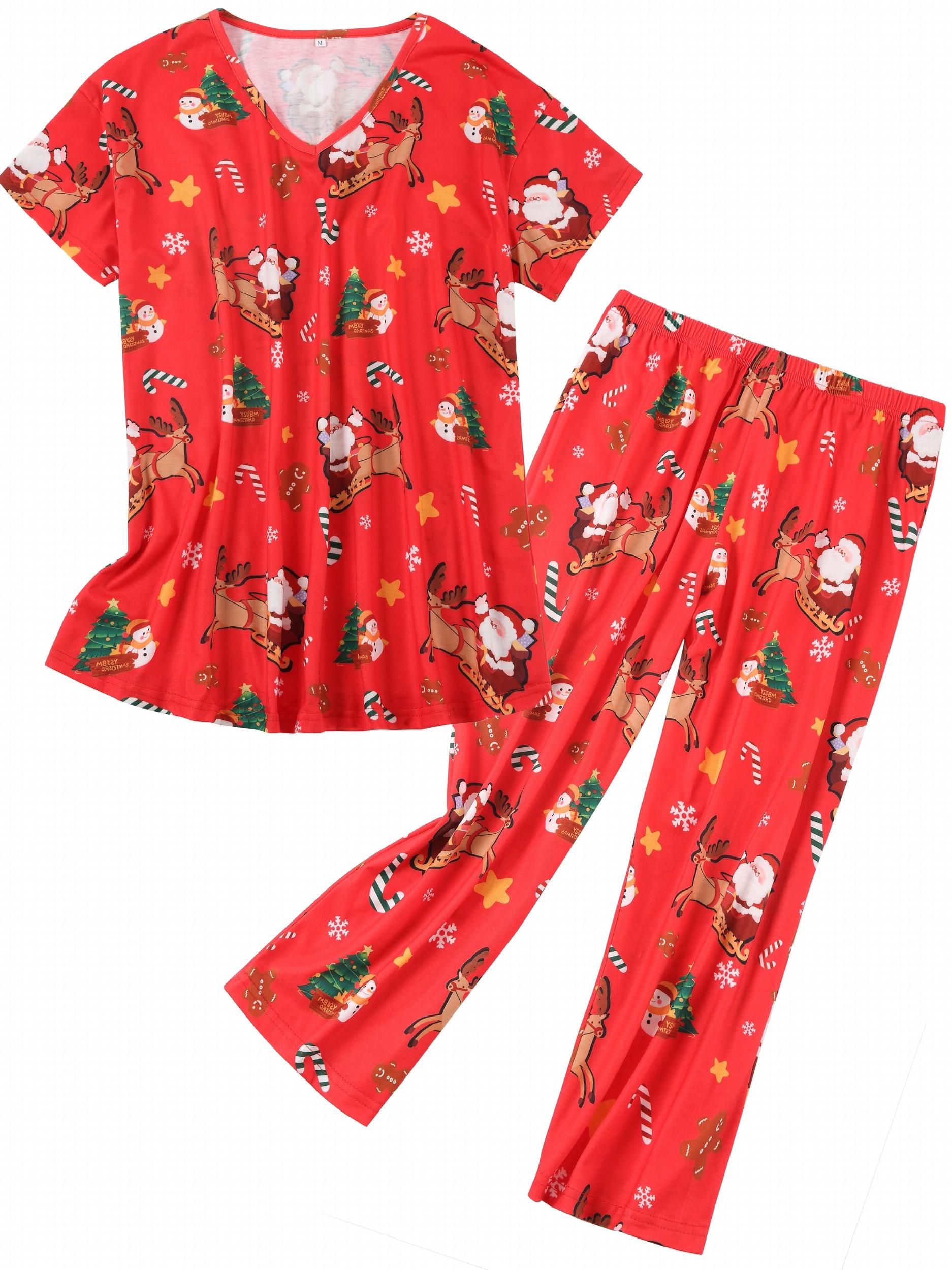 Christmas Cartoon Pajama Set Short Sleeve V Neck Top & Pants