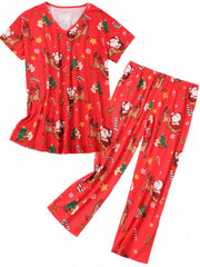 Christmas Cartoon Pajama Set Short Sleeve V Neck Top & Pants