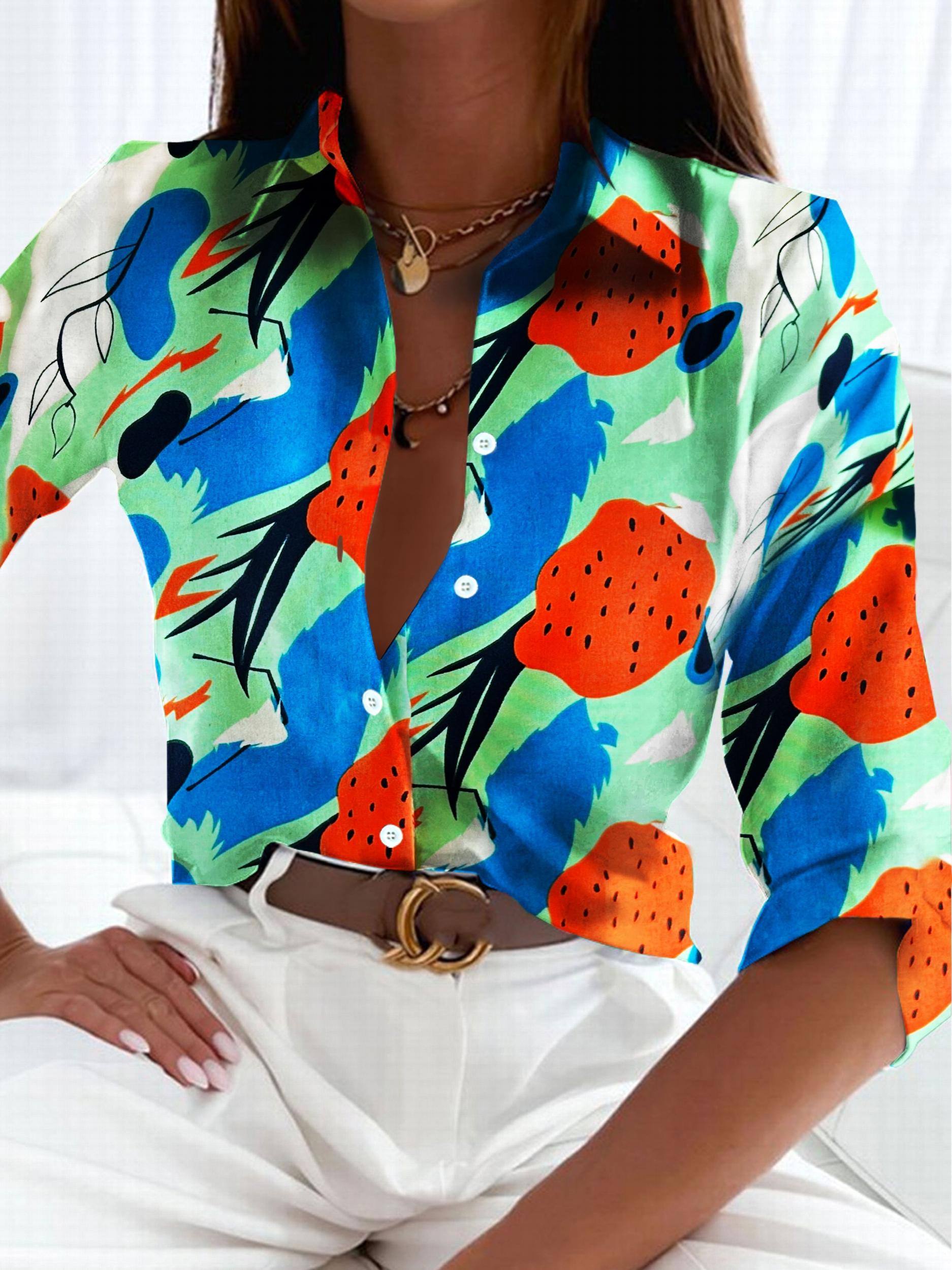 Abstract Print Plus Size Blouse Long Sleeve Button Up Shirt