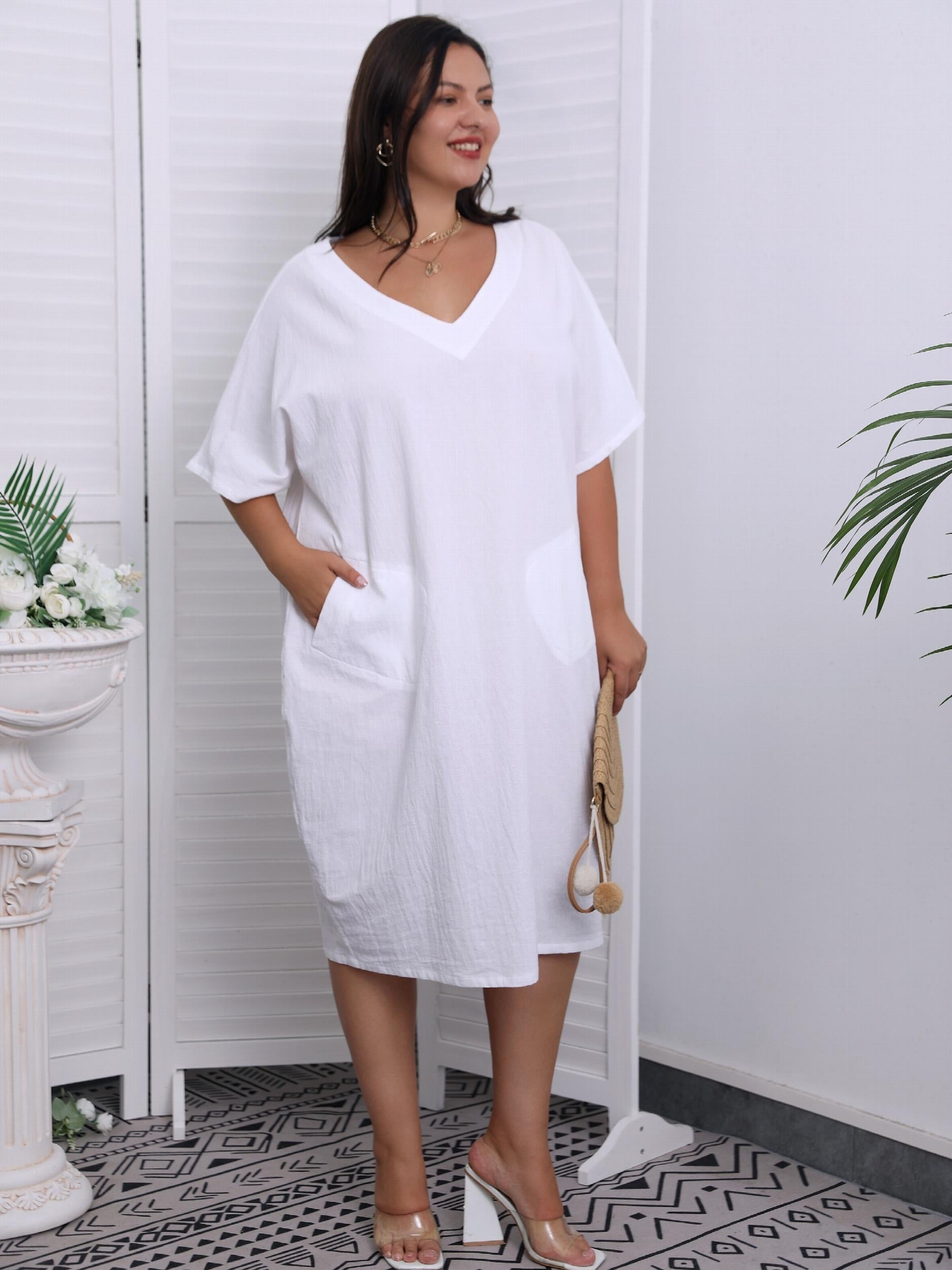  Short Sleeve V Neck Dress With Pockets