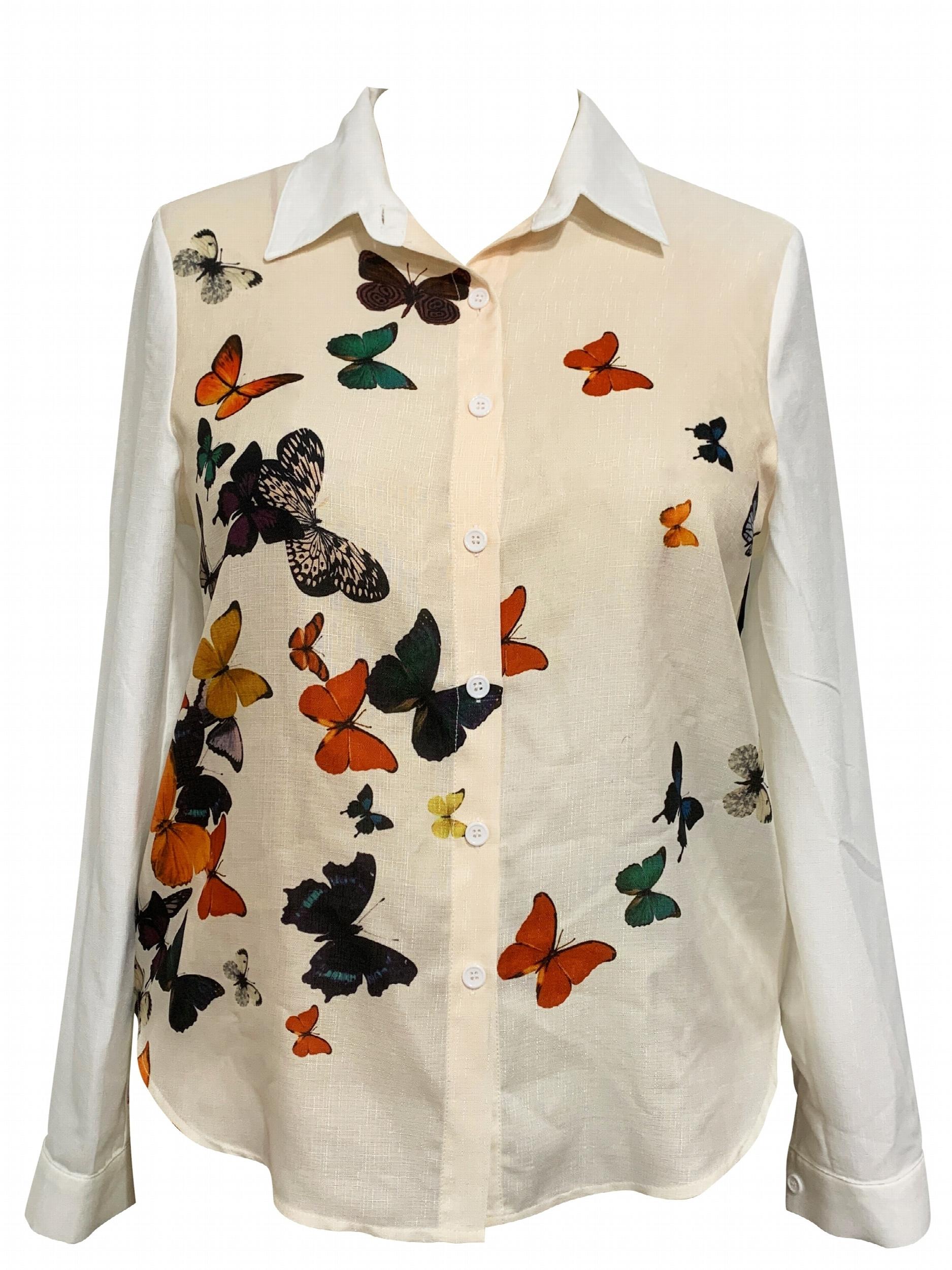  Butterfly Print Button Up Long Sleeve Blouse