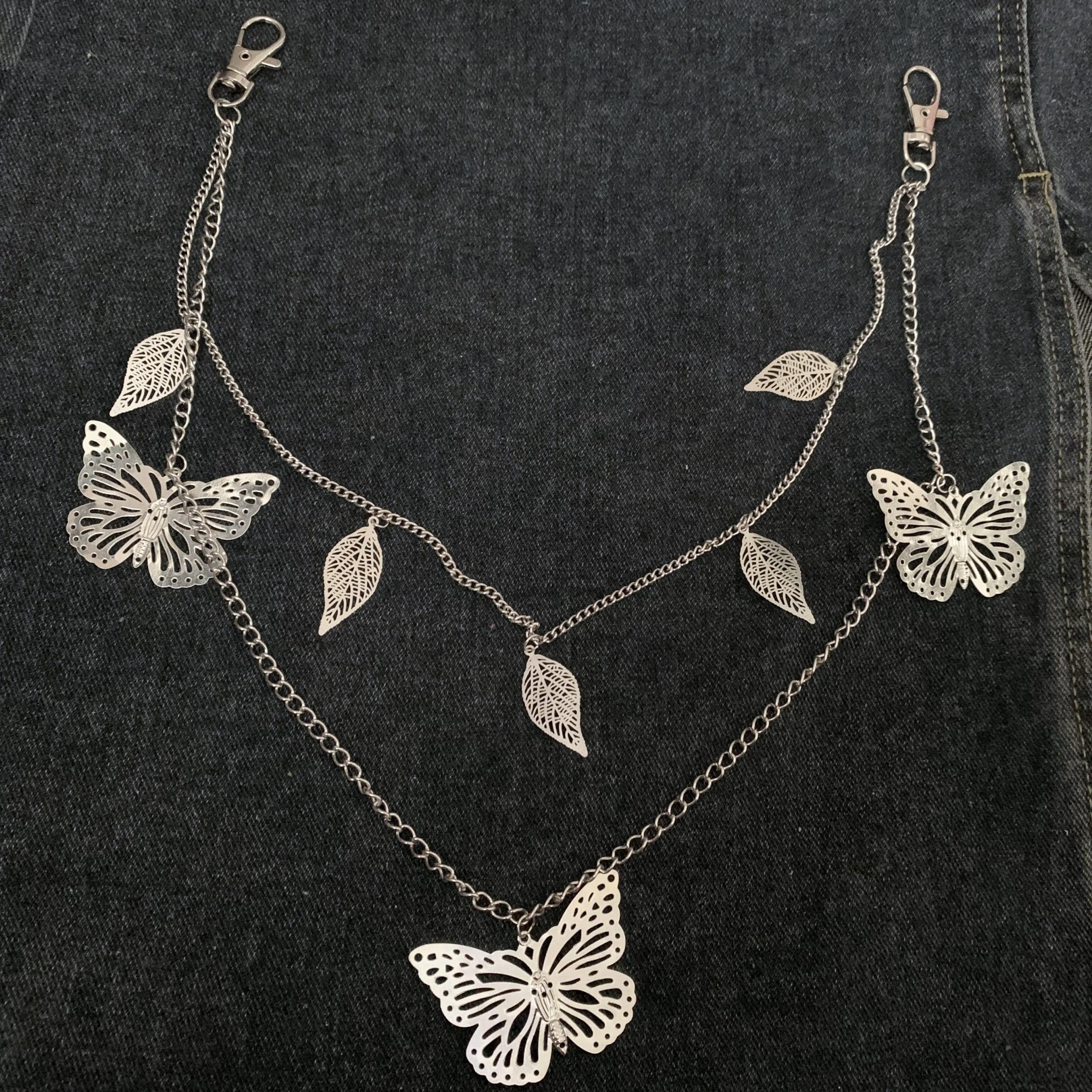 Silver Leaf Butterfly Double Pants Chain Hip hop Waist Accessory