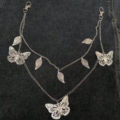 Silver Leaf Butterfly Double Pants Chain Hip hop Waist Accessory