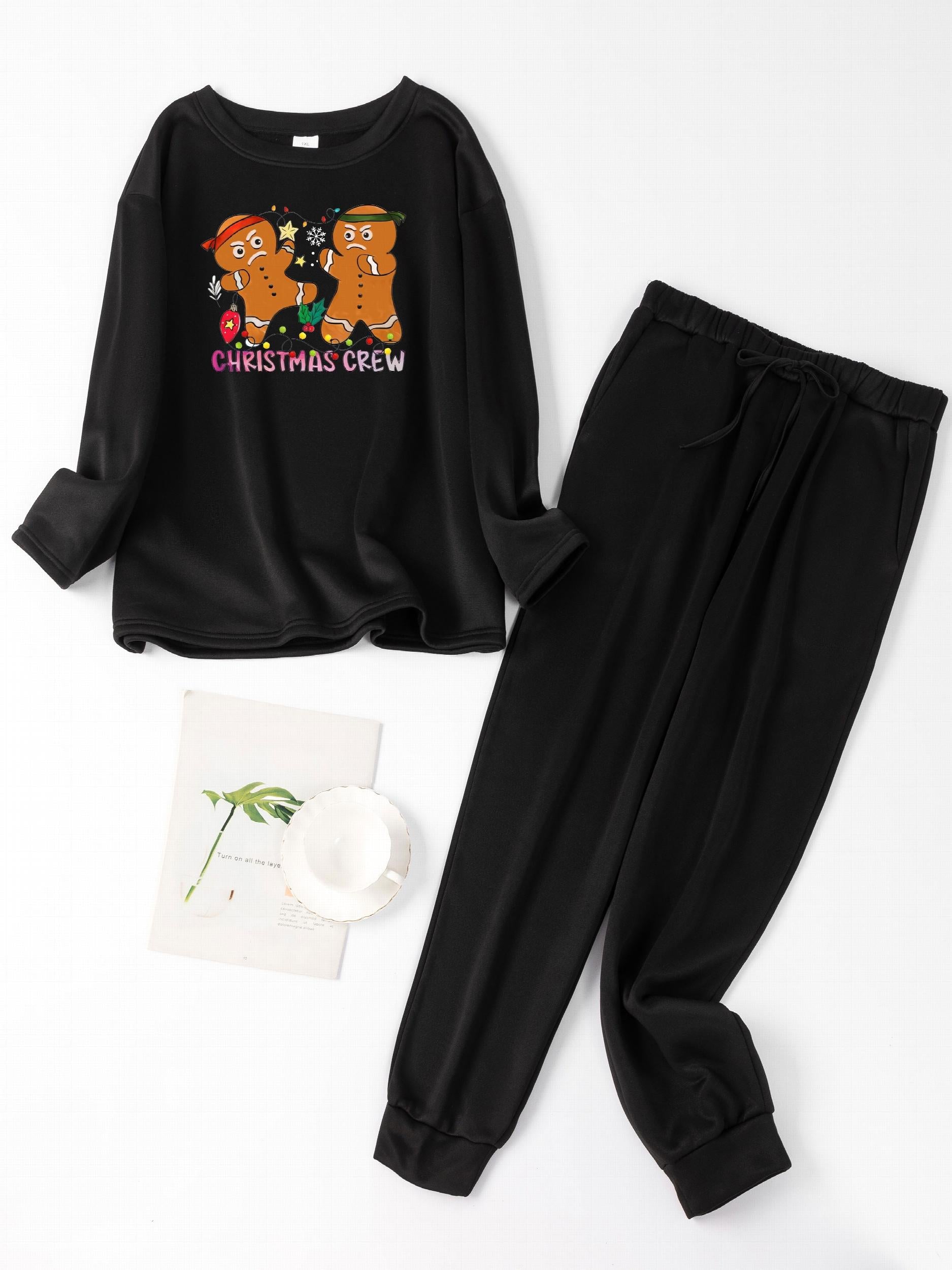  Christmas Lounge Set Women's Plus Christmas Doll & Slogan Print Fleece