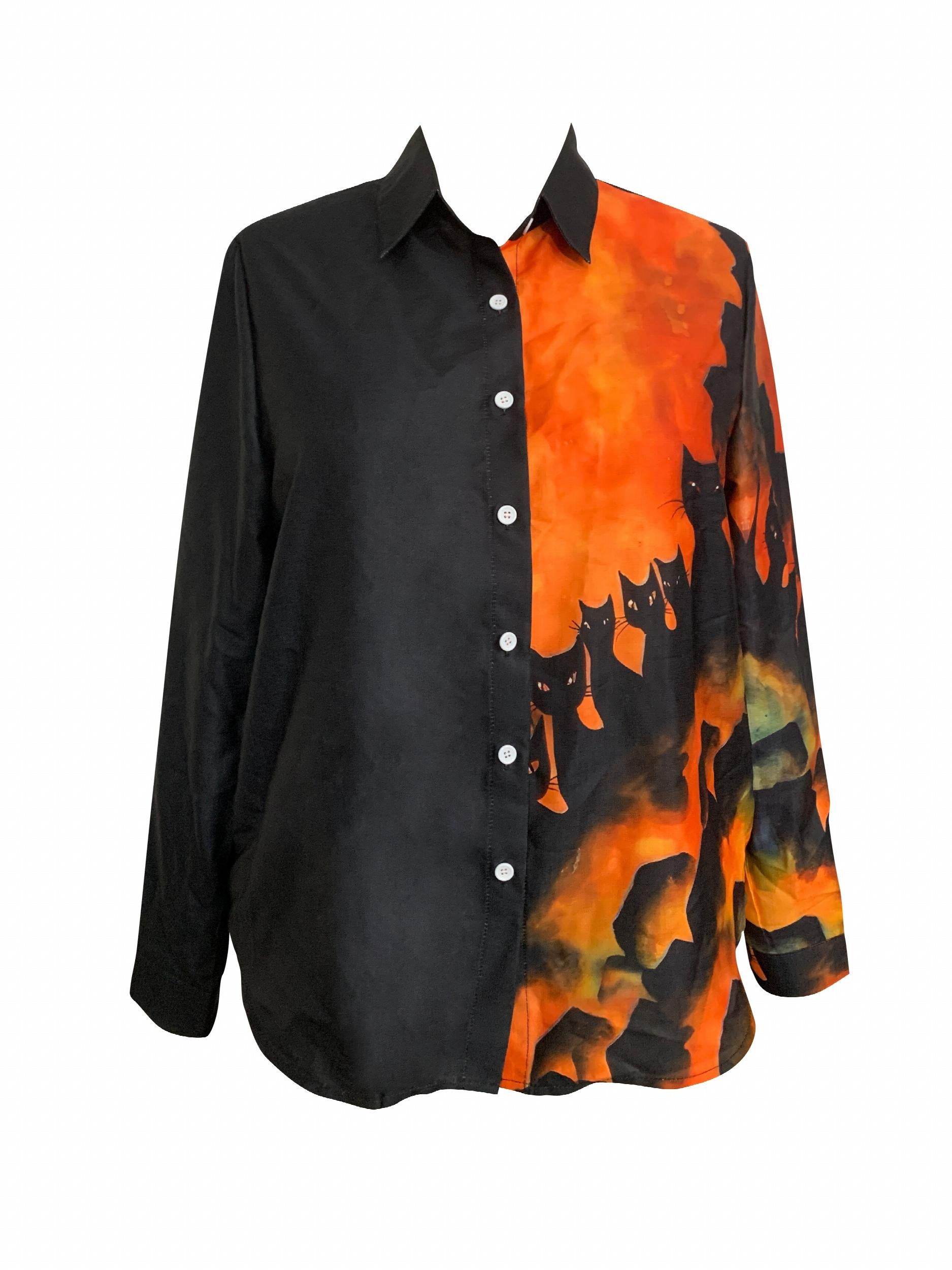  Colorblock Cat Print Long Sleeve Blouse