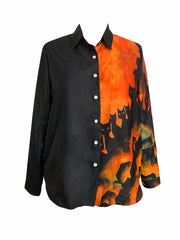  Colorblock Cat Print Long Sleeve Blouse