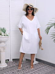  Short Sleeve V Neck Dress With Pockets
