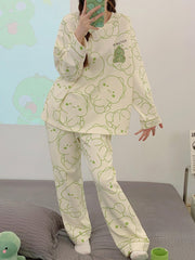 Dino Print Pajama Set Long Sleeve Top & Pants Women's Sleepwear