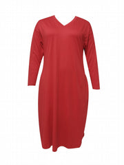  Solid Drop Shoulder Long Sleeve V Neck Maxi Dress