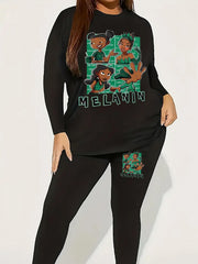  Cartoon Figure & Art Print Long Sleeve Top & Leggings Set