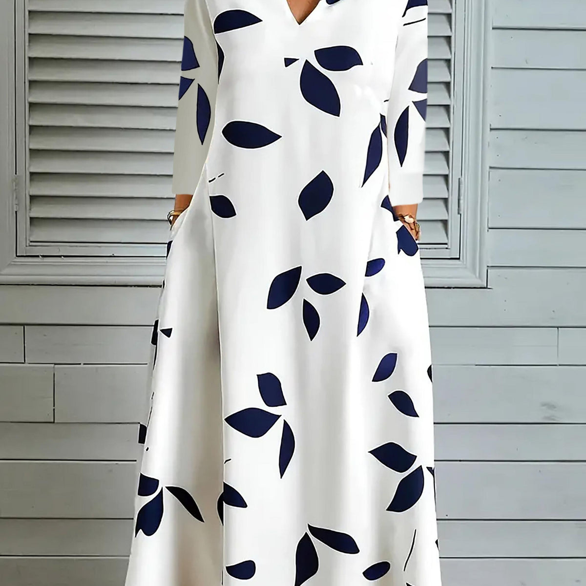  Leaf Print Three Quarter Sleeve Loose Fit Dress