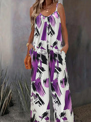  Brush Print Wide Leg Jumpsuit