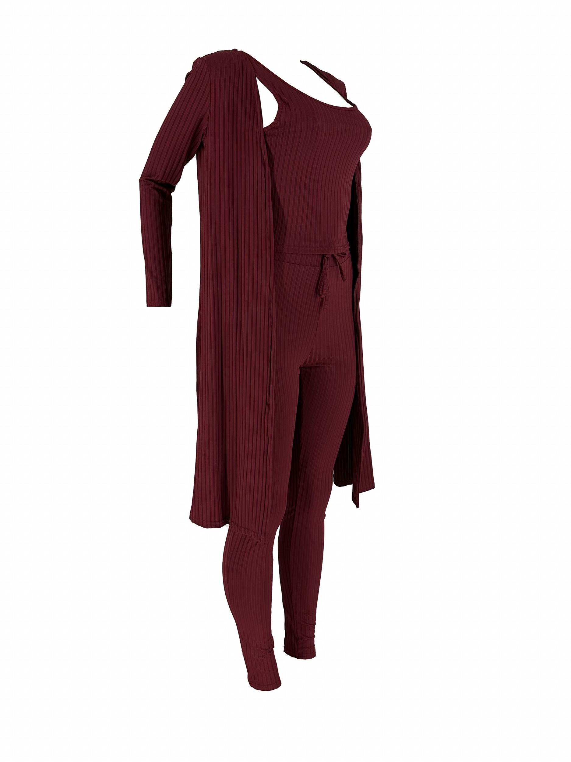 Ribbed 3pcs Set Crop Tank Top High Waist Pants Long Cardigan Outfits