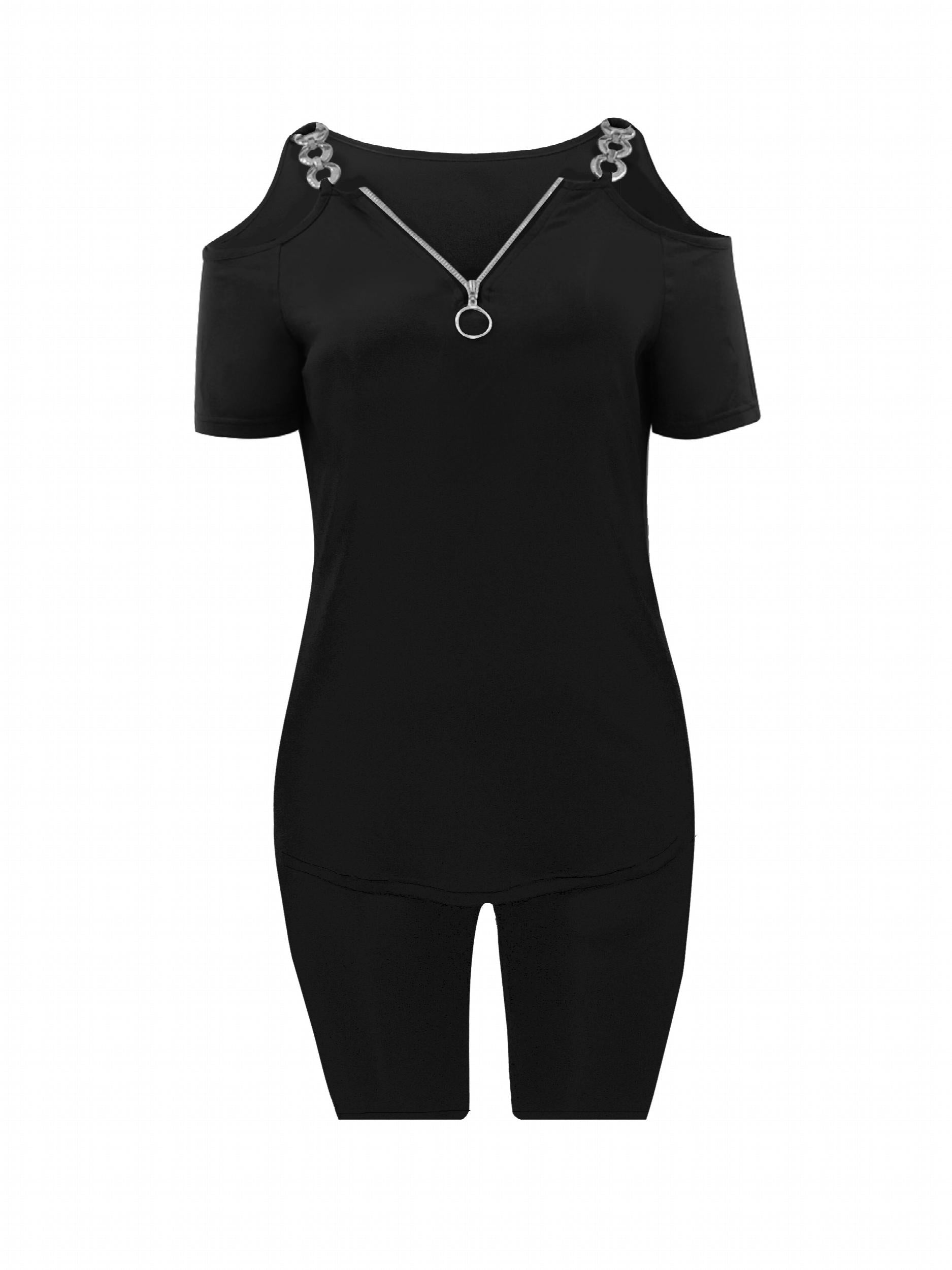 Cold Shoulder T shirt & Skinny Shorts Set for Women
