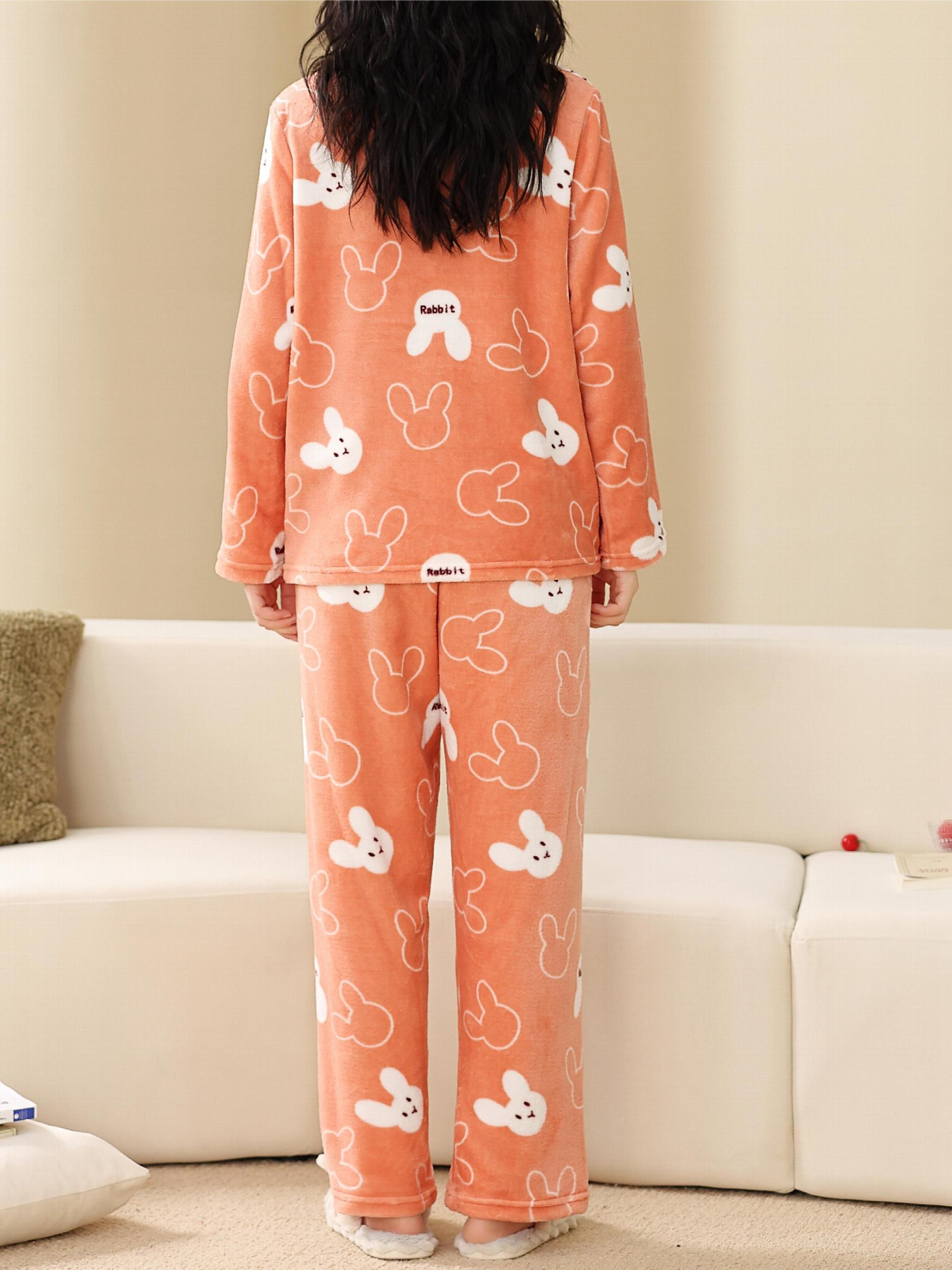 Bunny Print Pajama Set Long Sleeve Top & Fuzzy Pants Women's Sleepwear
