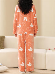 Bunny Print Pajama Set Long Sleeve Top & Fuzzy Pants Women's Sleepwear