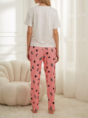 Letter Print Pajama Set Crew Neck Top & Print Lounge Pants Women's Sleepwear
