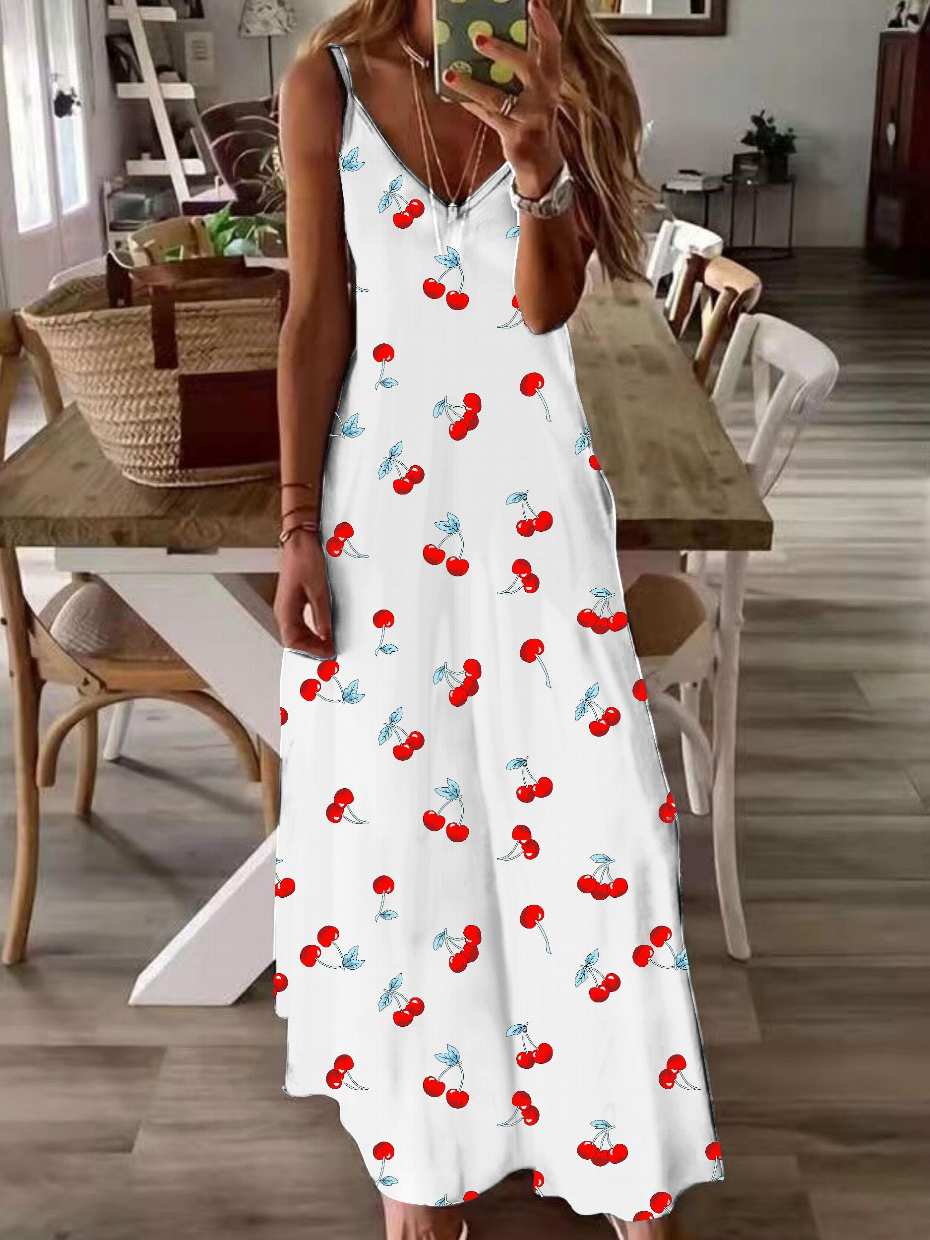  Casual Dress Women's Plus Cherry Print V Neck Maxi Cami Dress