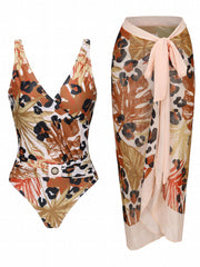 Animal Print Swimsuit Set with Cover Up Skirt