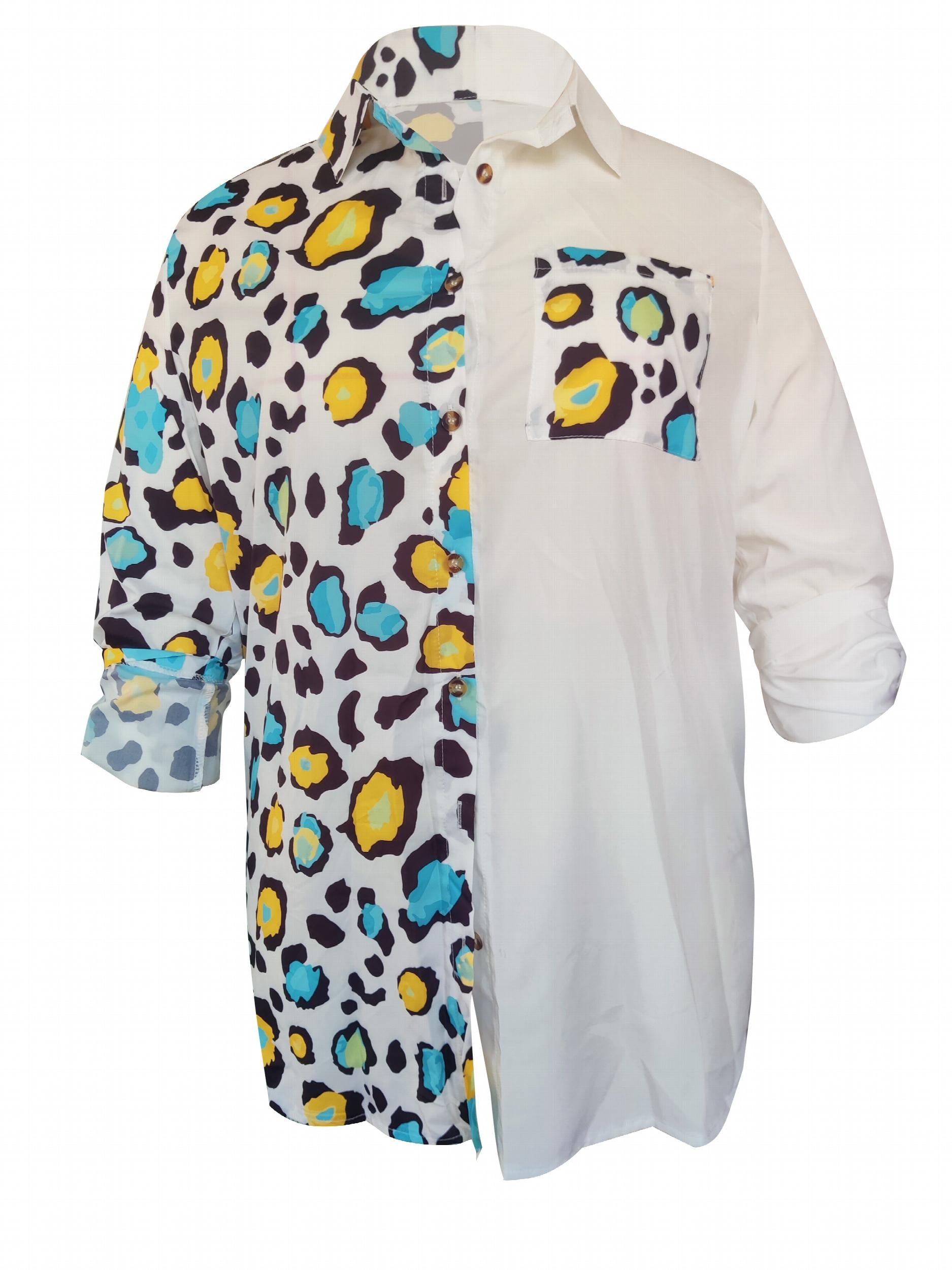  Colorblock Leopard Print Button Up Tunic Shirt
