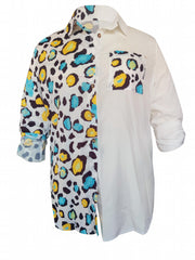  Colorblock Leopard Print Button Up Tunic Shirt