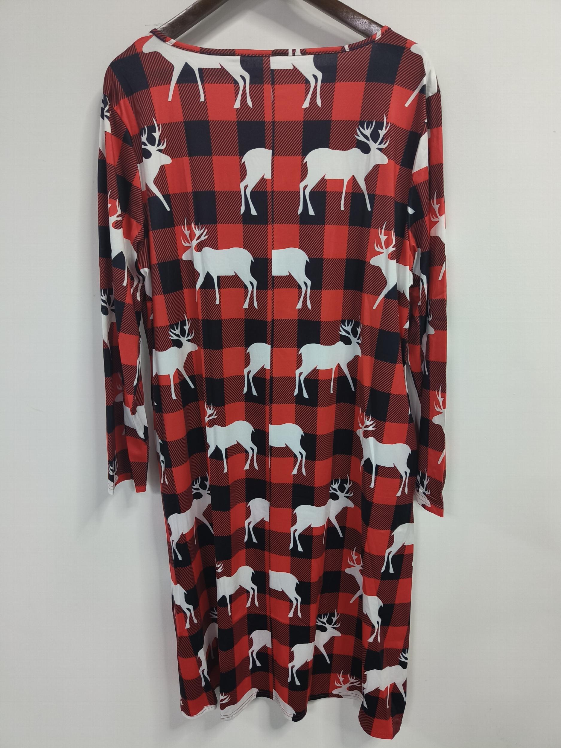  Christmas Casual Dress Women's Gingham & Deer Print Long Sleeve Dress