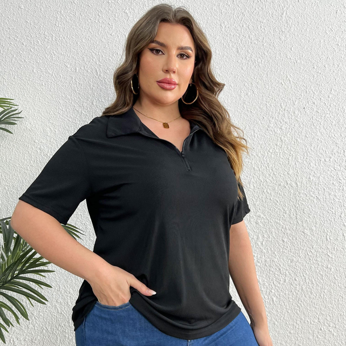  Solid Ribbed Half Zipper Short Sleeve Blouse