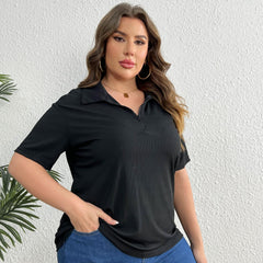  Solid Ribbed Half Zipper Short Sleeve Blouse