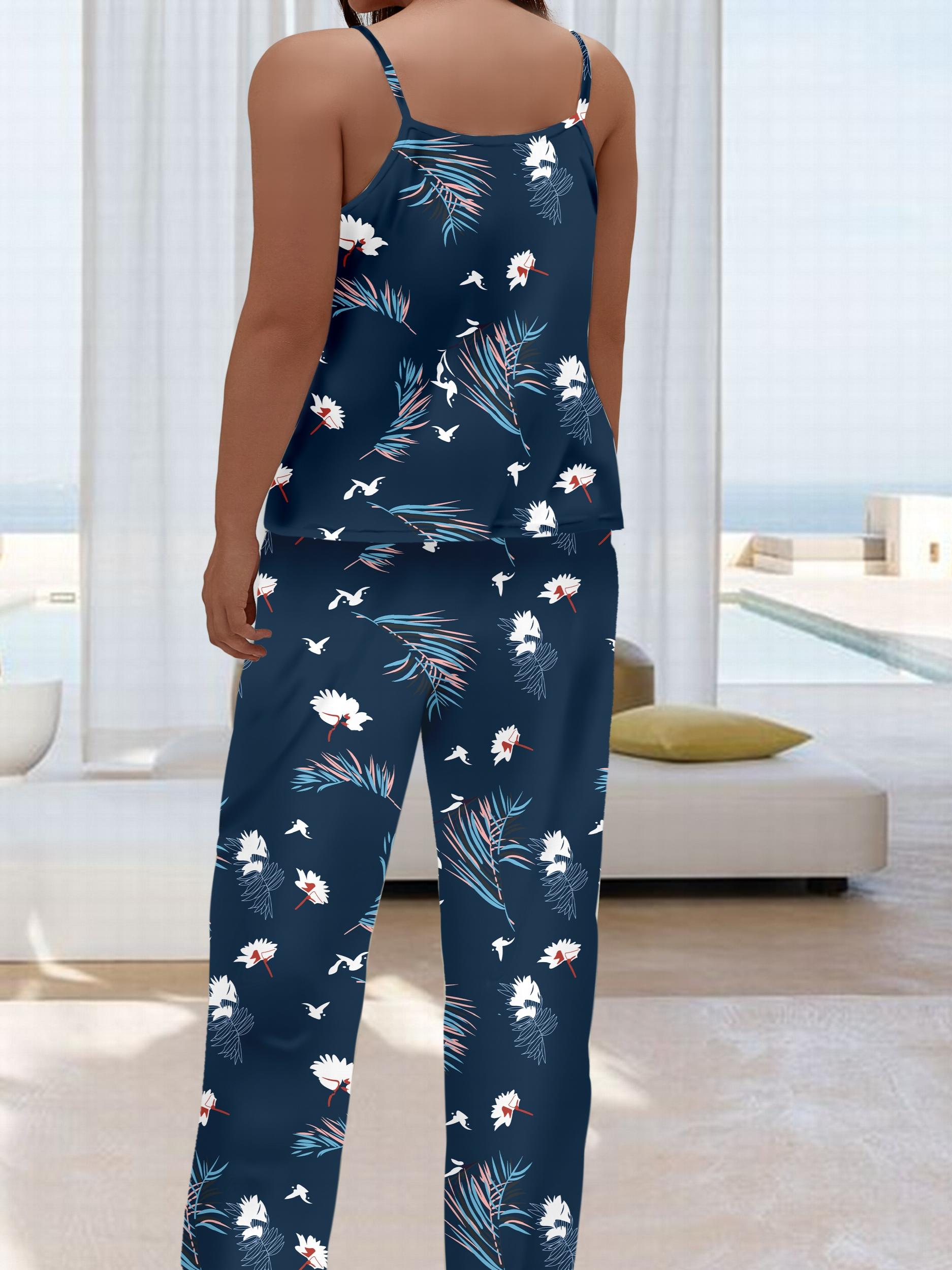  Tropical Print Pajamas Set Women's Round Neck Cami Top & Wide Leg Pant