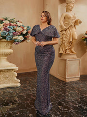  Mermaid Bridesmaid Dress V Neck Cap Sleeve Sequin Shinny Floor Length