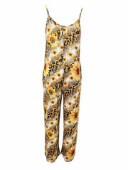  Sunflower & Leopard Print V Neck Wide Leg Cami Jumpsuit With Pockets