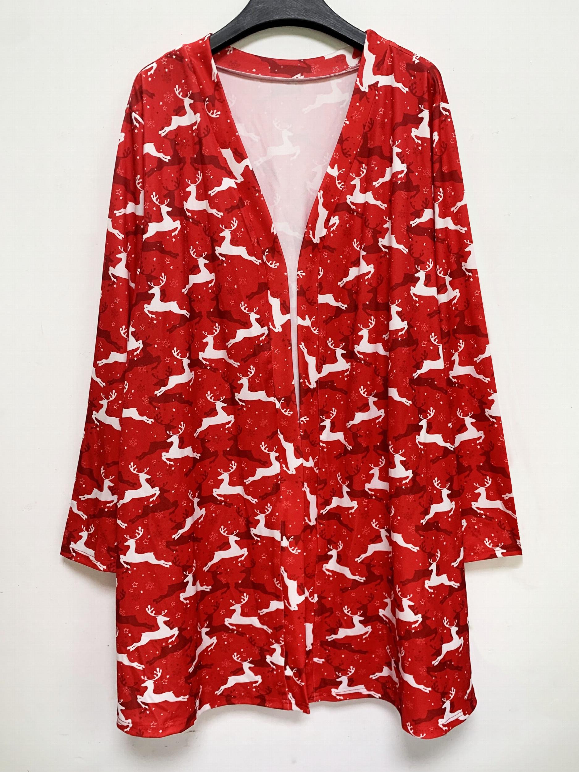  Christmas Deer Print Cardigan Open Front Long Sleeve