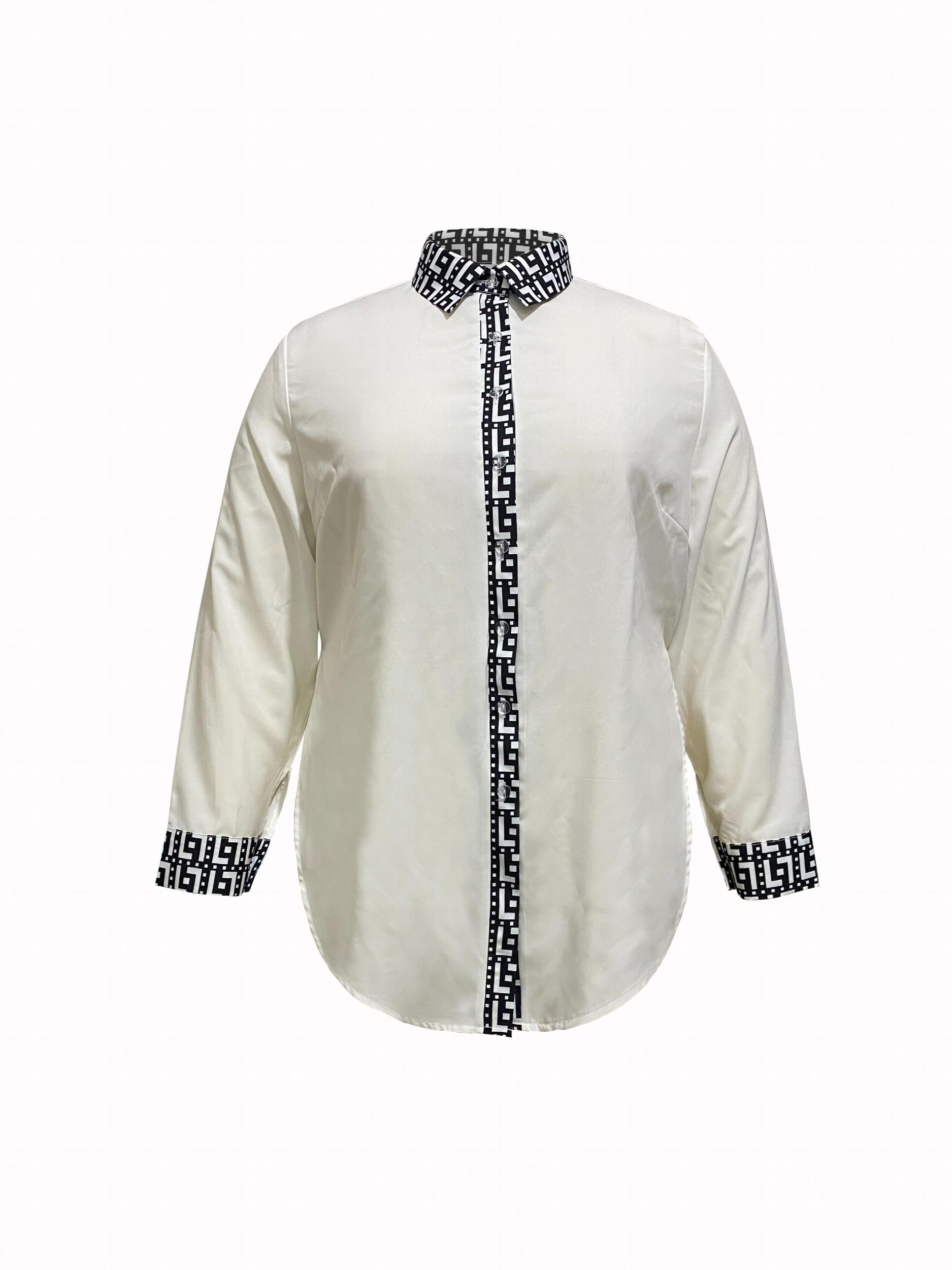 Plus Size Colorblock Geometric Print Button Up Collar Shirt